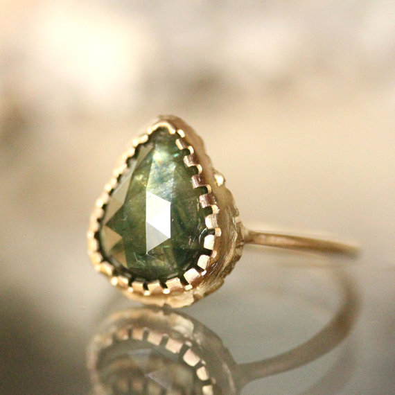 زفاف - Green Rose Cut Sapphire 14K Yellow Gold Ring, Engagement Ring, Stacking Ring, Gemstone Ring, Eco Friendly - Ship in the next 9 days