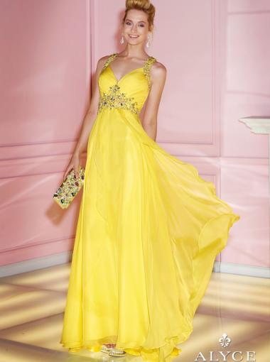 Свадьба - A-line Straps Empire Floor Length Sleeveless Beading Ruched Backless Chiffon Lemon Prom / Homecoming / Evening Dresses By Alyce 6249