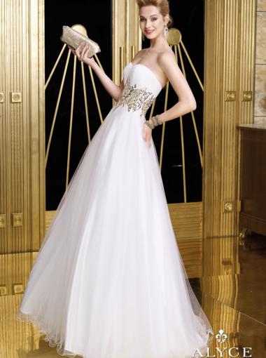 زفاف - A-line Sweetheart Natural Floor Length Sleeveless Beading Sequins Tulle White/Gold Prom / Homecoming / Evening Dresses By Alyce 6206