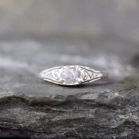 Hochzeit - Antique Style Rough Diamond Engagement Ring - Raw Uncut Rough Diamond Gemstone and Sterling Silver Filigree Ring  - April Birthstone