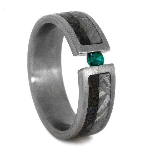 Hochzeit - Emerald Wedding Band or Mens Engagement Ring, Titanium Ring With Dinosaur Bone And Meteorite Inlays, Tension Set Emerald Ring