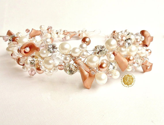 زفاف - Bridal Headband, Rose Gold Hair Piece, Pearl Wedding Headband, Hair Accessories, Rose Gold Pearl and Rhinestone Hair Vine