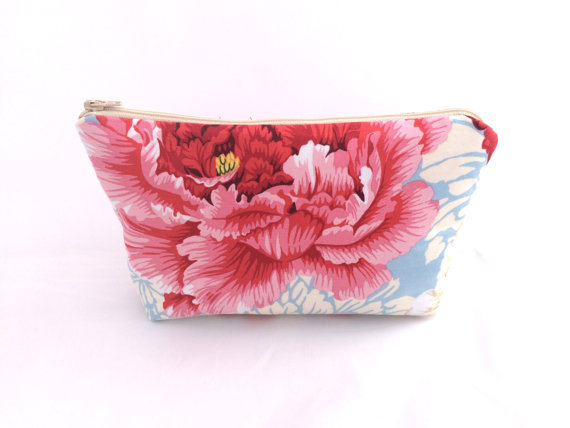 Wedding - Bridesmaids Gift Floral Cosmetic Bag with pink and red peonies- Size Large