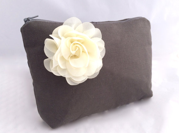 زفاف - Cosmetic Gift Bag in Charcoal linen with ivory flower Gift for Bridesmaids- READY TO SHIP