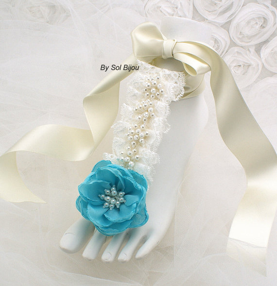 Wedding - Sandals, Barefoot, Flats, Wedding, Bridal, Beach, Destination, Foot Jewelry, Ivory, Blue, Pearls, Crystals, Lace, Elegant, Lace up