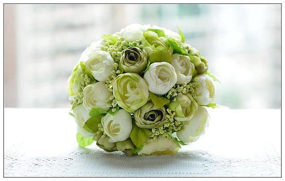 زفاف - Make to order: Shabby Chic Hand Tied Creamy and Green Camellia Silk Bride Bouquet, Wedding Bouquet, Bridal Bouquet