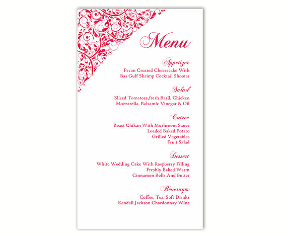 Mariage - Wedding Menu Template DIY Menu Card Template Editable Text Word File Instant Download Red Pink Menu Template Elegant Printable Menu 4x7inch