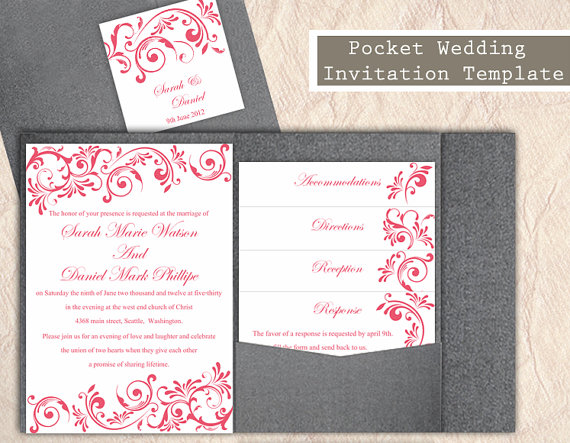 زفاف - Pocket Wedding Invitation Template Set DIY Download EDITABLE Text Word File Pink Wedding Invitation Fuchsia Wedding Printable Invitation