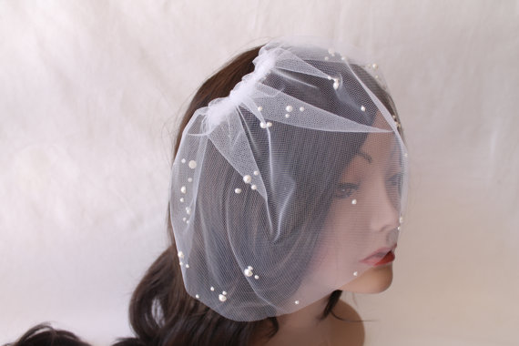 Mariage - Bridal  Blusher Birdcage Tulle Veil with Pearls for your Wedding