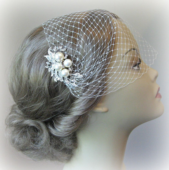 Wedding - Birdcage Veil and Comb Set, Bandeau Veil, Bird Cage Veil With Ivory Pearl and Rhinestone Fascinator Comb - JOSEPHINE