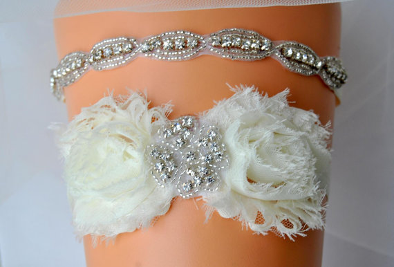 Hochzeit - Crystal Bridal Garter Set Beaded Wedding Garter Set Ivory White Shabby Chic Rhinestone Garter Crystal Rhinestone Garter and Toss Garter Set