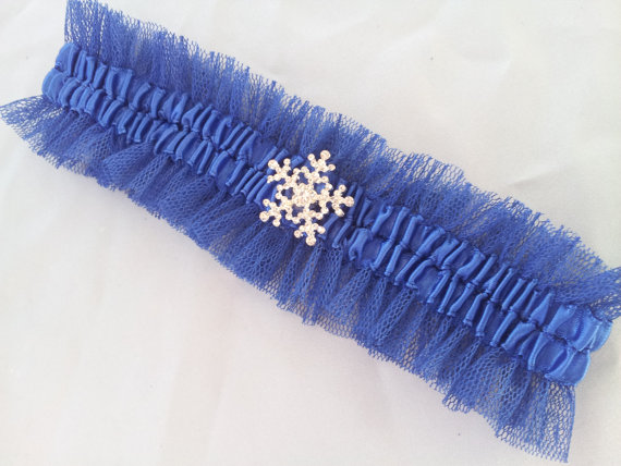 Hochzeit - Something Blue Snowflake Royal Blue Tulle Garter Snowflake Accented Bridal Garter