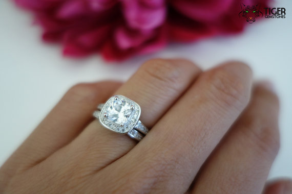 Wedding - CUSTOM for Olga: 3 rings, 1.25 Carat Cushion Cut Halo Wedding Set, Half Eternity Bridal Rings, Man Made Diamond Simulants, Sterling Silver