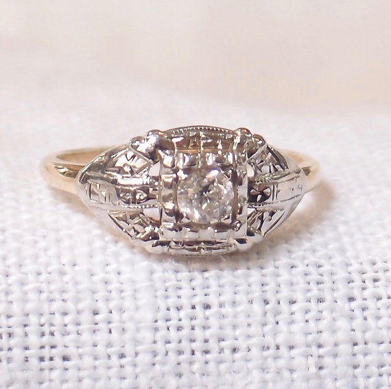 زفاف - Art Deco 18k Gold Diamond Engagement Ring