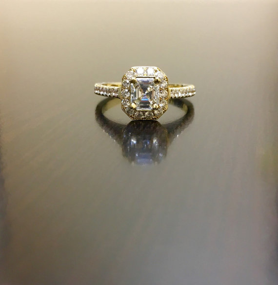 Wedding - 18K Yellow Gold Asscher Cut Diamond Engagement Ring - Art Deco 18K Gold Halo Diamond Wedding Ring - Asscher Cut Ring - 18K Diamond Ring