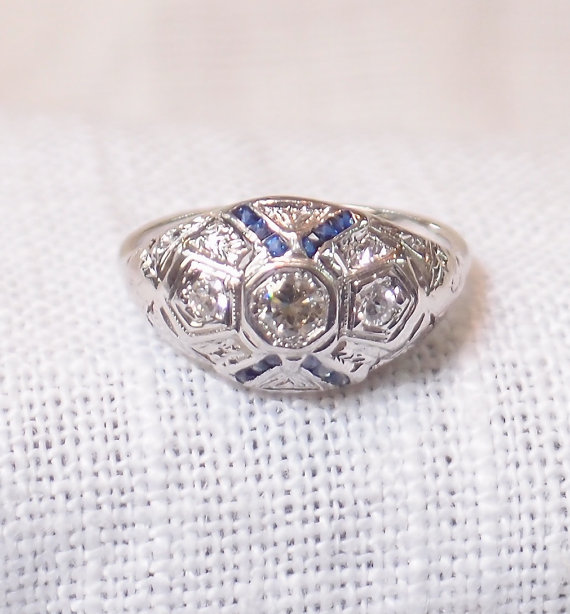 زفاف - Art Deco Diamond and Sapphire Engagement Ring in 14k Gold .90 Carats