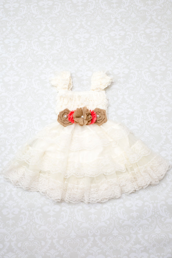 Hochzeit - Coral Burlap Lace Flower Girl Dress -Ivory Lace Cap Sleeve Dress -Rustic Flower Girl Dress- Shabby Chic Dress - Burlap Lace Dress