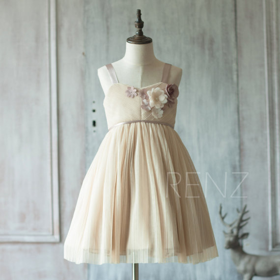 Hochzeit - 2015 Beige Junior Bridesmaid Dress, Sweetheart neck Ruched Flower Girl Dress, Rosette dress, Puffy dress, knee length (JK101)