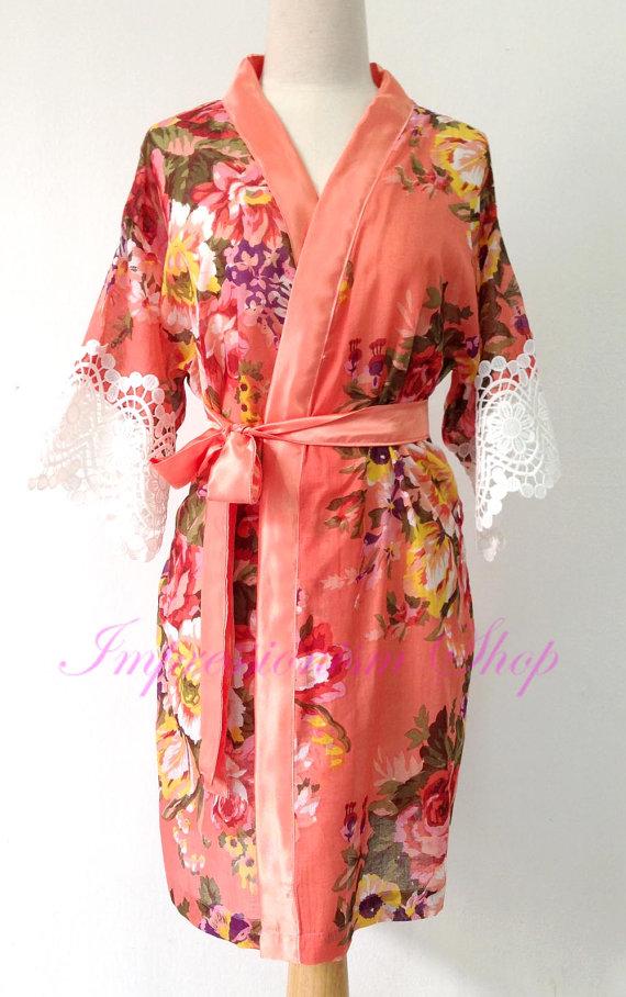 Свадьба - Coral Blooms add on with sleeve lace Bridesmaids Robe Kimono Crossover Robe Bridesmaids gifts Getting ready robes Floral Bridal Party Robes