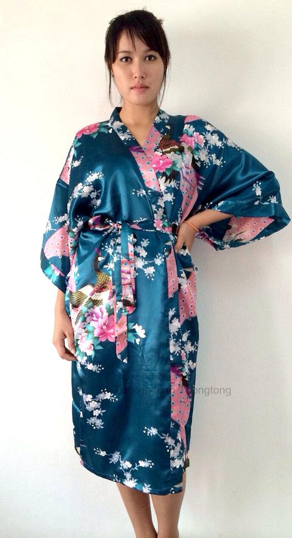 Hochzeit - On Sale Kimono Robes Bridesmaids Silk Satin Teal Colour Paint Peacock Desigh Pattern Gift Wedding dress for Party Free Size