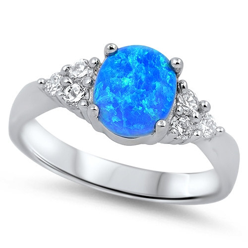 Mariage - 1.50 Carat Oval Blue Australian Fire Lab Opal 925 Sterling Silver Ring Russian Iced Out Diamond CZ Fashion Solitaire Diamond Accent