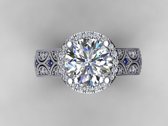 Hochzeit - Platinum Forever Brilliant Moissanite & Genuine Diamonds/ Blue Sapphires .55ctw Engagement Ring 8.5mm Round Moissanite Center Anniversary
