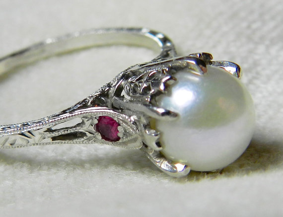 Hochzeit - Platinum Pearl Engagement Ring 1920s Art Deco Pearl Engagement Ring  7 mm Pearl Pink Sapphire Ring June Birthday Gift