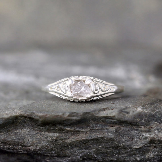 Hochzeit - Antique Style Raw Diamond Engagement Ring - Rough Uncut Rough Diamond Gemstone and Sterling Silver Filigree Ring  - April Birthstone