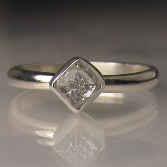 زفاف - Raw Diamond Ring - Palladium Sterling Silver Engagement Ring - Rough Diamond Cube Ring
