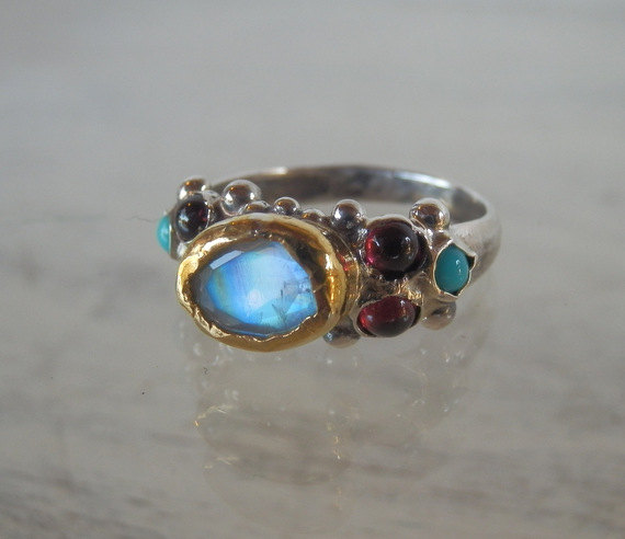 Wedding - Oval Moonstone Engagement Ring Silver and 24K Gold Engagement Ring Rainbow Moonstone Engagement Ring Unique Engagement Ring Caterina