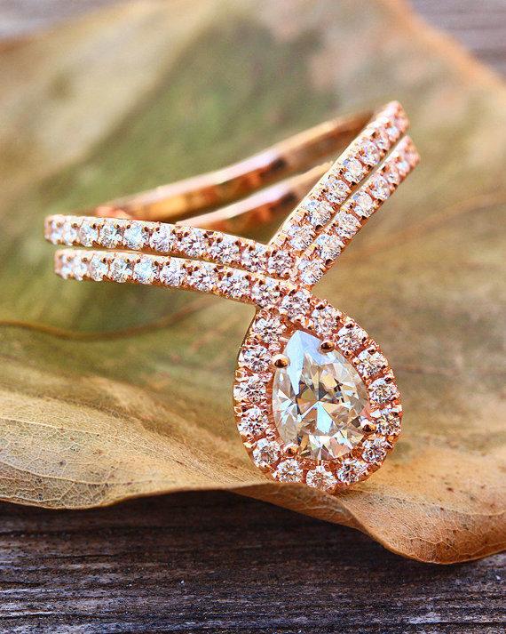 Свадьба - Pear shaped Moissanite & Diamonds engagement "bliss" ring with matching diamond wedding ring 