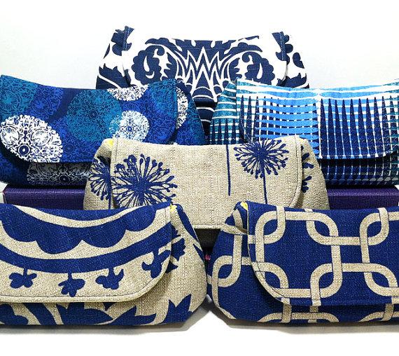 Hochzeit - Bridesmaid Clutches Wedding Clutch Bridal Party Gifts Choose Your Fabric Navy Blue Set of 6