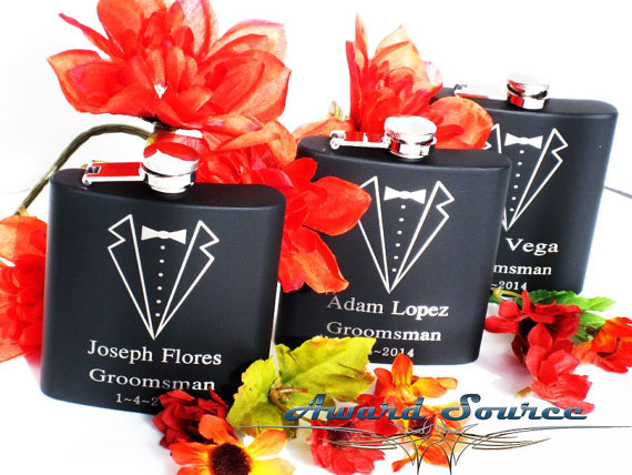 Hochzeit - 1 Personalized Groomsmen Gift, 1 Engraved Flask, Groomsmen Flask, Groomsman Gift, Best Man Gift, Wedding Gift, Tuxedo Flask  RUSH PROCESSING