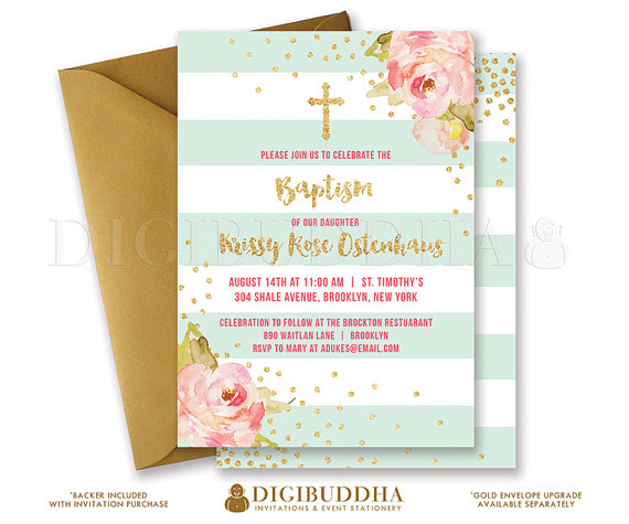 Wedding - MINT & GOLD BAPTISM Invitation Christening Party Invite Pink Peony Stripe Gold Glitter Confetti Printable Free Shipping or DiY- Krissy
