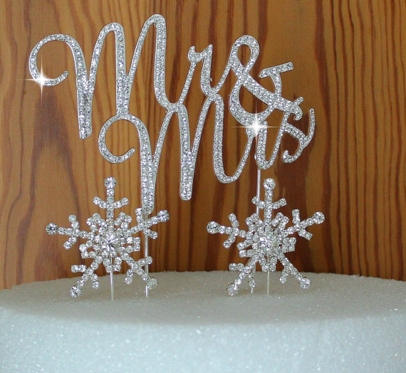 Wedding - Mr and Mrs Wedding Cake topper with crystal snowflakes rhinestone silhouette cake decoration cake jewelry