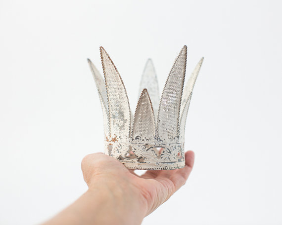 Hochzeit - white crown cake topper, vintage metal crown, princess crown, fairy crown,