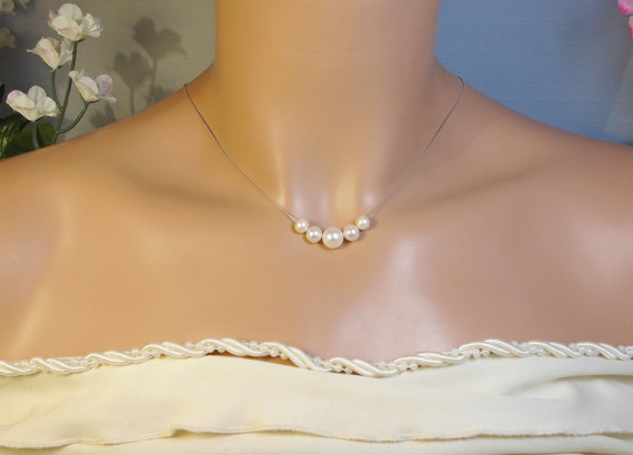 Wedding - 5 Pearl Necklace,  5 AAA Freshwater Pearls,  & Fine Sterling Silver  Chain Necklace, Freshwater Pearl Necklace,  Floating Pearl Necklace