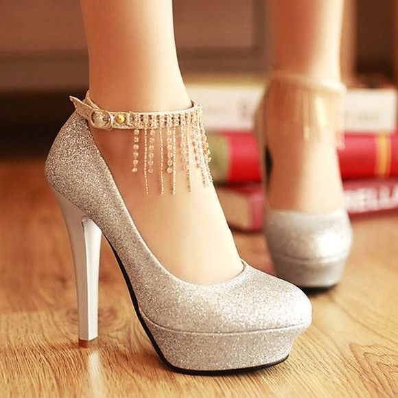 Wedding - Fashion Silver 8cm Rhinestone Wedding Bridal Strappy Slim High Heels Court Shoes