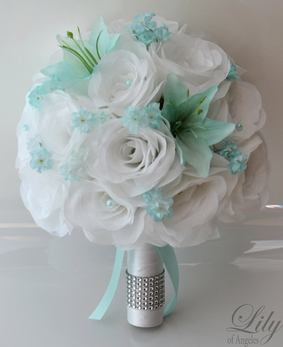 Mariage - Bridal Bouquet Silk Flower Wedding 17 Piece Package Bride Maid Honor Bridesmaid Boutonniere Corsage Robin's Egg BLUE WHITE "Lily of Angeles"