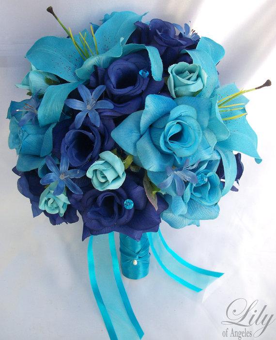 زفاف - 17 Piece Package Wedding Bridal Bride Maid Of Honor Bridesmaid Bouquet Boutonniere Corsage Silk Flower TURQUOISE BLUE MALIBU Lily of Angeles