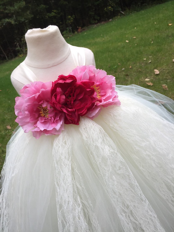 Hochzeit - Ivory, pink and light pink girls tulle dress, blush pink and hot pink dress, ivory and blush flower girl dress, blush wedding
