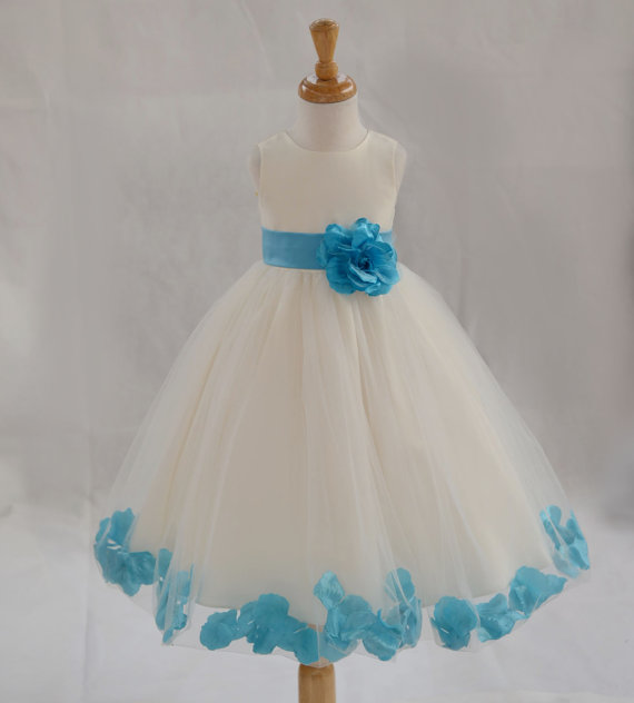 زفاف - Ivory / Turquoise blue (picture) Flower Girl Dress pageant wedding bridal children bridesmaid toddler sizes 6-9m 12m 2 4 6 8 10 12 14 