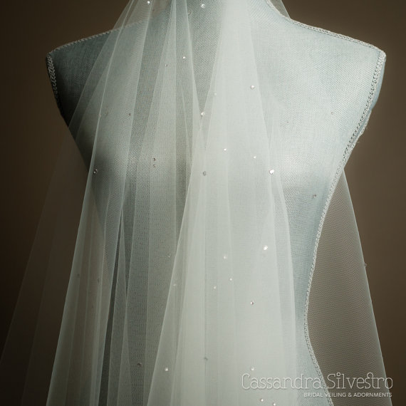 زفاف - Scattered Swarovski Crystal Sheer Drop Illusion Wedding Veil  (Blusher Veil, Bridal Veil, Cathedral, Elbow, Finger Tip, Chapel Length)