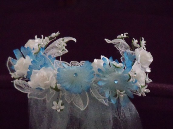 Mariage - Clearance MHYO Veil Flowered Headpiece Aqua Tulle Wedding Bridal Bride Beach Garden Halloween or Play Costume