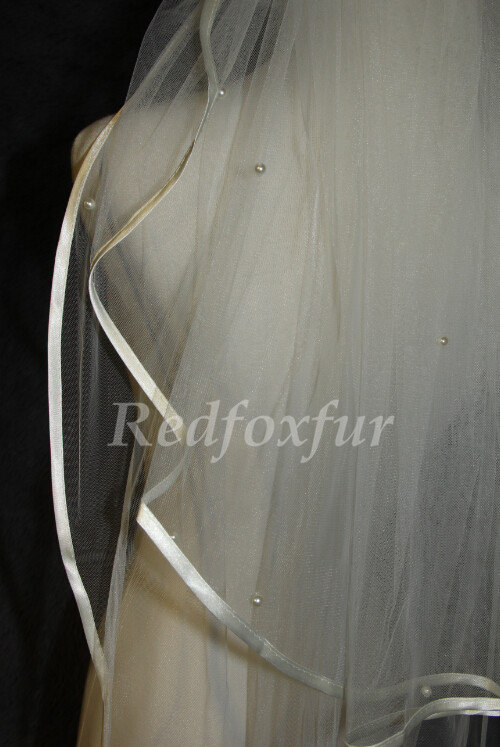 Wedding - 2T bridal veil, white ivory wedding veil, elbows pearl veil comb ribbon edge veil, wedding headpiece