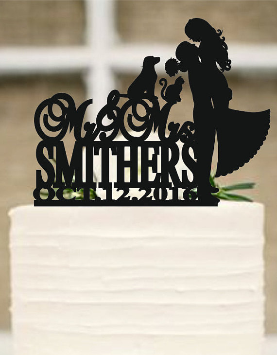Hochzeit - Wedding Cake Topper Silhouette Couple, Dog and cat Cake Topper, Bride and Groom Cake Topper - cake decor - wedding decoration -Rustic topper