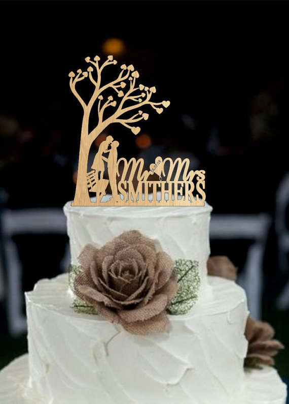 Wedding - Custom Personalized Wedding Cake Topper, Silhouette wedding cake topper, Rustic Wedding Cake Topper, maonogram cake topper - cake decoration