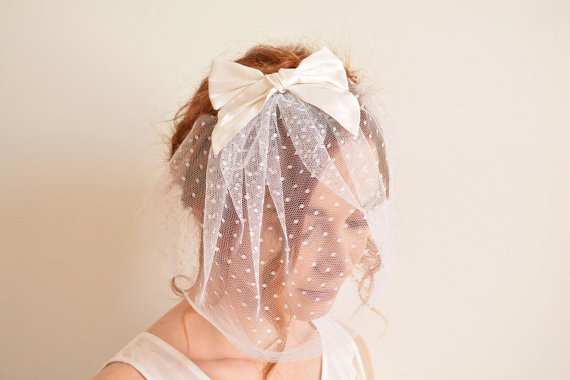 Mariage - White polka dot bridal blusher with silk bow