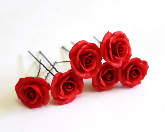 Свадьба - Set of 6 - Red roses, Wedding Hair Accessories, Bohemian Wedding Hairstyles Hair Flower, Bridal hair pin