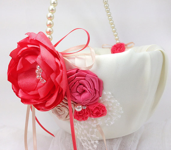 Свадьба - Flower Girl Basket - Ivory or White Bridal Basket in Coral Champagne Flowers Embellished with Swarovski Pearls and Sew on Crystals